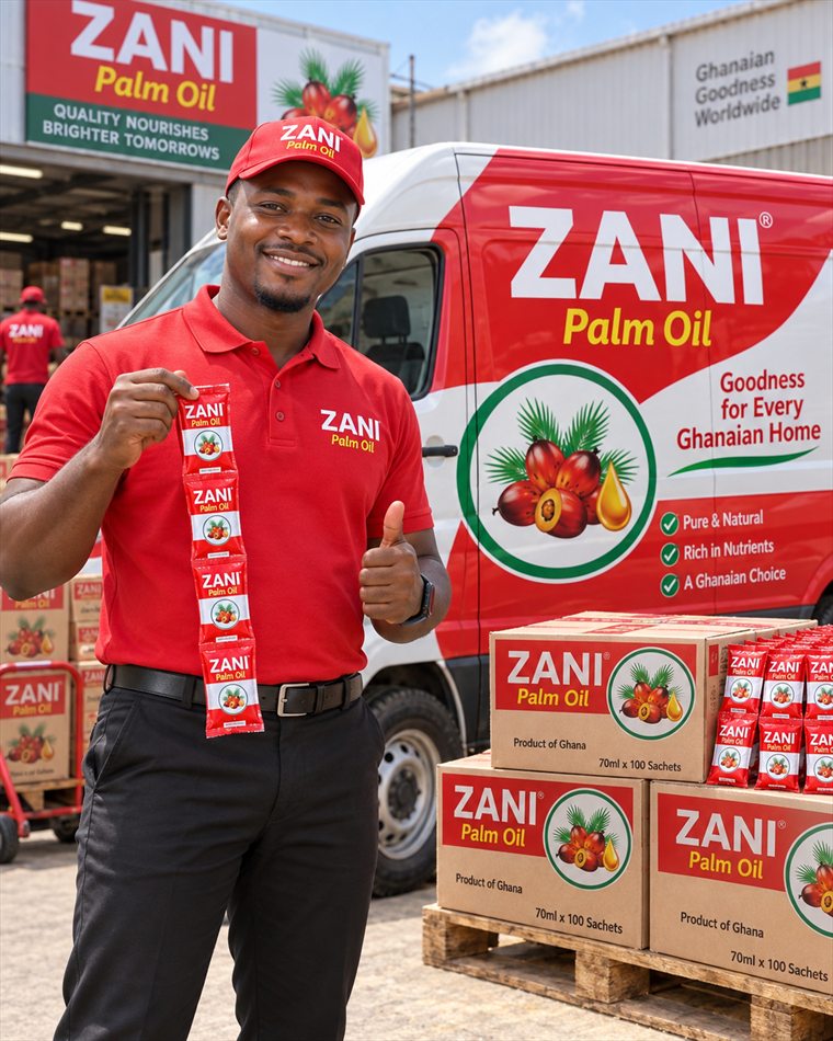 A Razani Business representative beside a branded Zani Palm Oil delivery van, with pallets of cartons ready for distribution