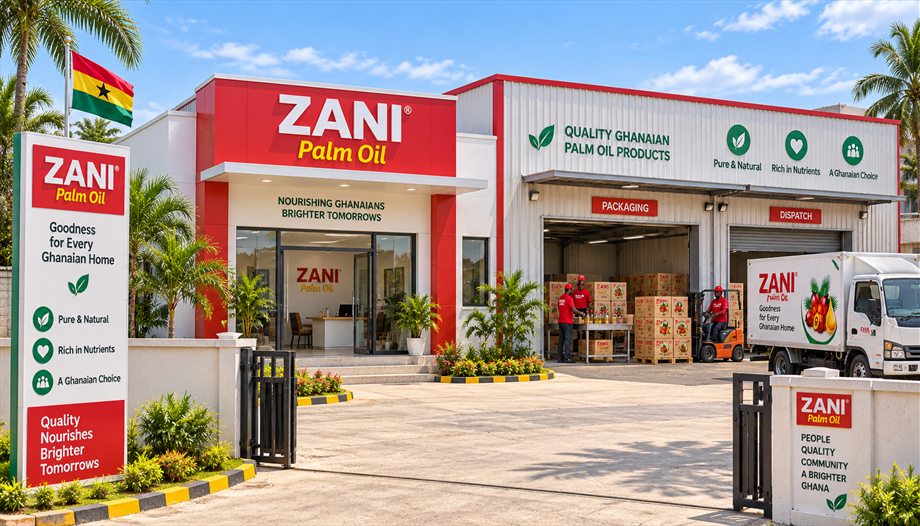 The Razani Business premises, with Zani Palm Oil signage above the packaging and dispatch bays and a branded delivery truck loading
