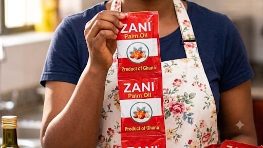 A strip of Zani Palm Oil sachets held up in a kitchen