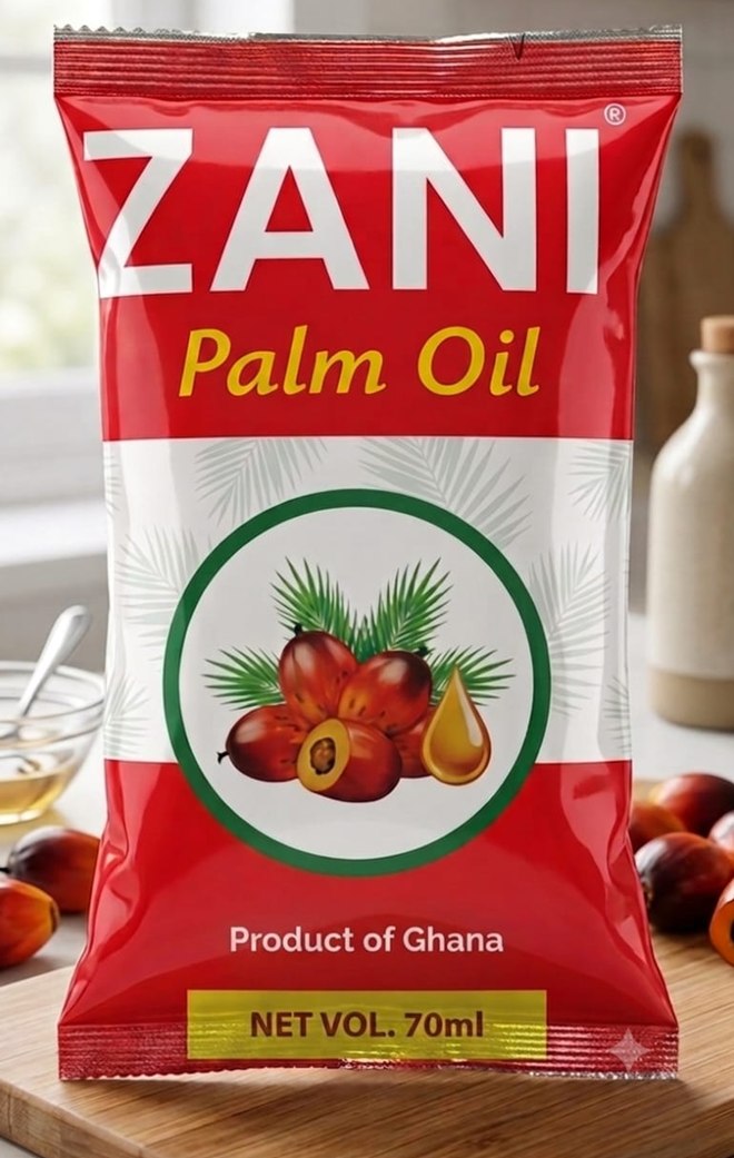 Zani Palm Oil 70ml sachet with loose sachets around its base