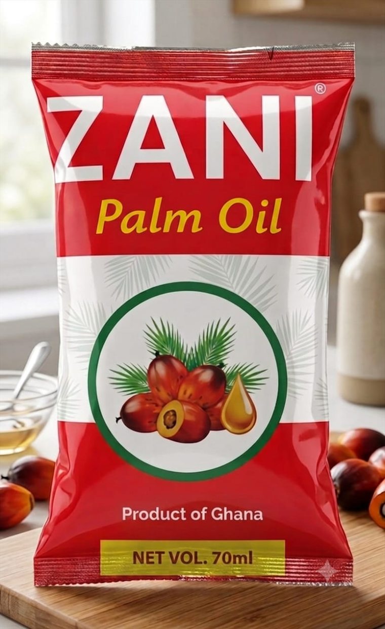 Zani Palm Oil 70ml sachet standing on a wooden board beside fresh palm fruits