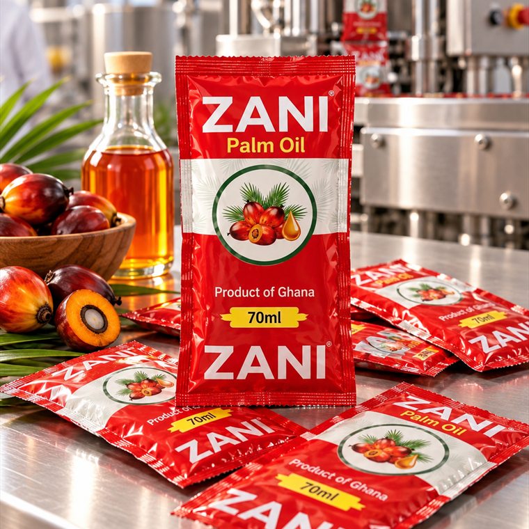 Zani Palm Oil sachets on a stainless steel packing line, beside fresh palm fruits and a bottle of red palm oil