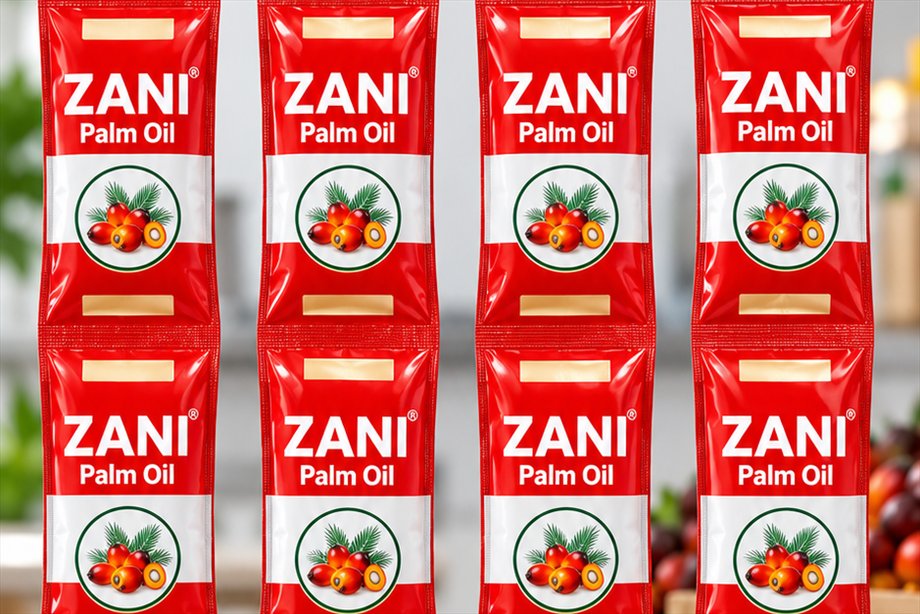 Rows of sealed Zani Palm Oil sachets, each heat-sealed and checked before packing