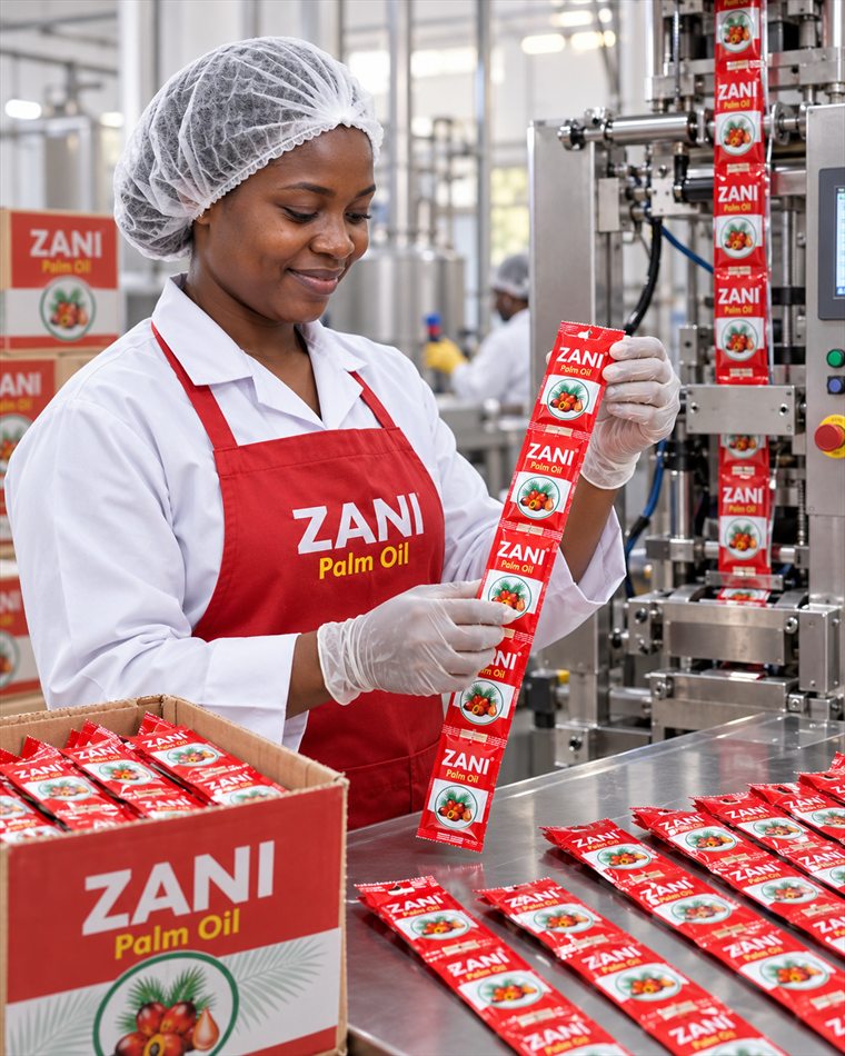 A Razani Business staff member in protective clothing checking a strip of Zani Palm Oil sachets on the packing line