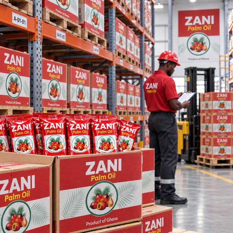 Cartons of Zani Palm Oil on racked pallets in a warehouse, with a staff member carrying out a stock check